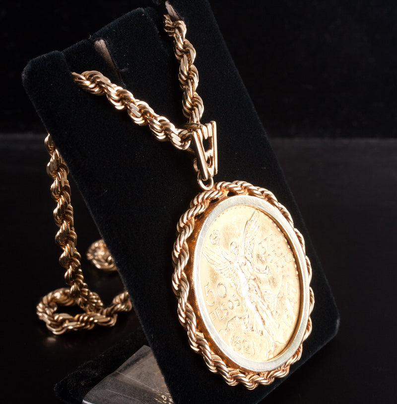 50 Peso 90% Gold Mexican Coin Pendant W/ 14k Yellow Gold Bail & Chain 103.4g