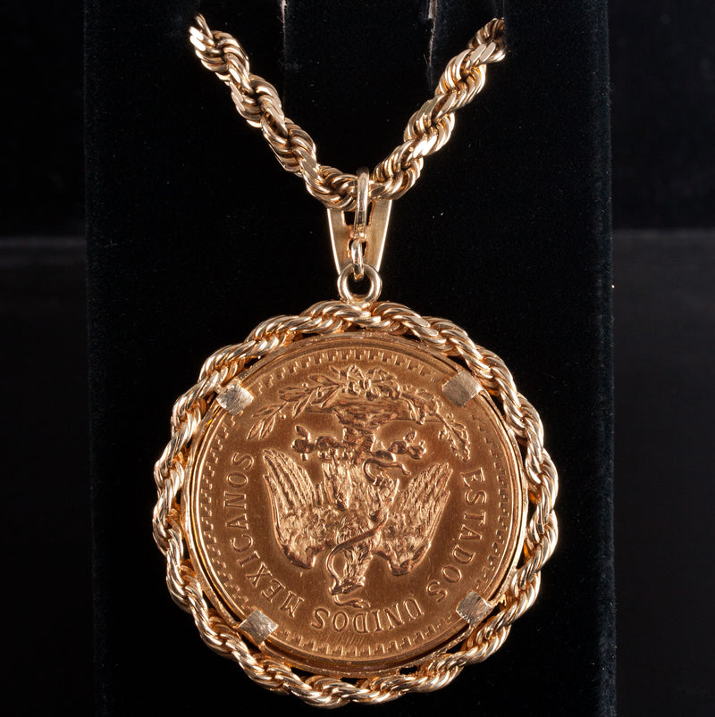 50 Peso 90% Gold Mexican Coin Pendant W/ 14k Yellow Gold Bail & Chain 103.4g