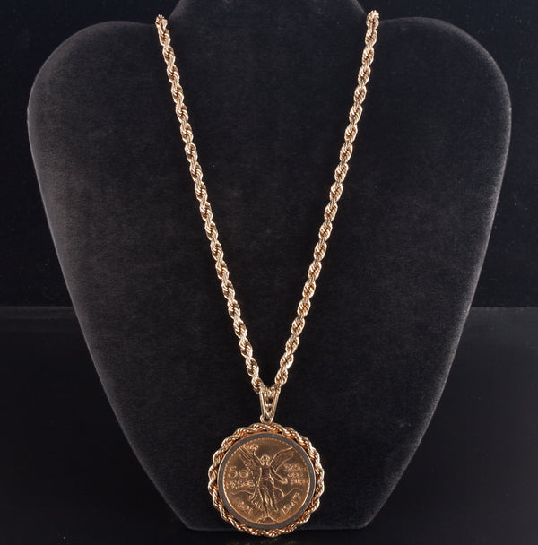 50 Peso 90% Gold Mexican Coin Pendant W/ 14k Yellow Gold Bail & Chain 103.4g