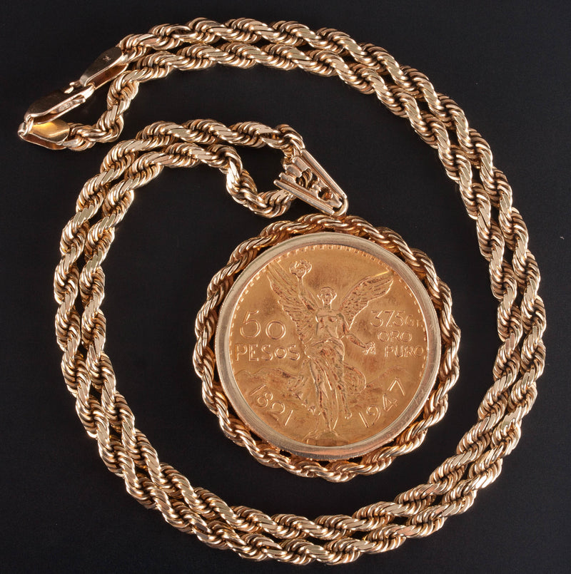 50 Peso 90% Gold Mexican Coin Pendant W/ 14k Yellow Gold Bail & Chain 103.4g