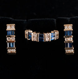 14k Yellow Gold Sapphire Diamond Cluster Cocktail Ring Earring Set 2.40ctw 10.5g