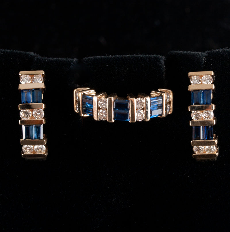 14k Yellow Gold Sapphire Diamond Cluster Cocktail Ring Earring Set 2.40ctw 10.5g