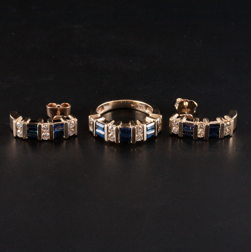 14k Yellow Gold Sapphire Diamond Cluster Cocktail Ring Earring Set 2.40ctw 10.5g