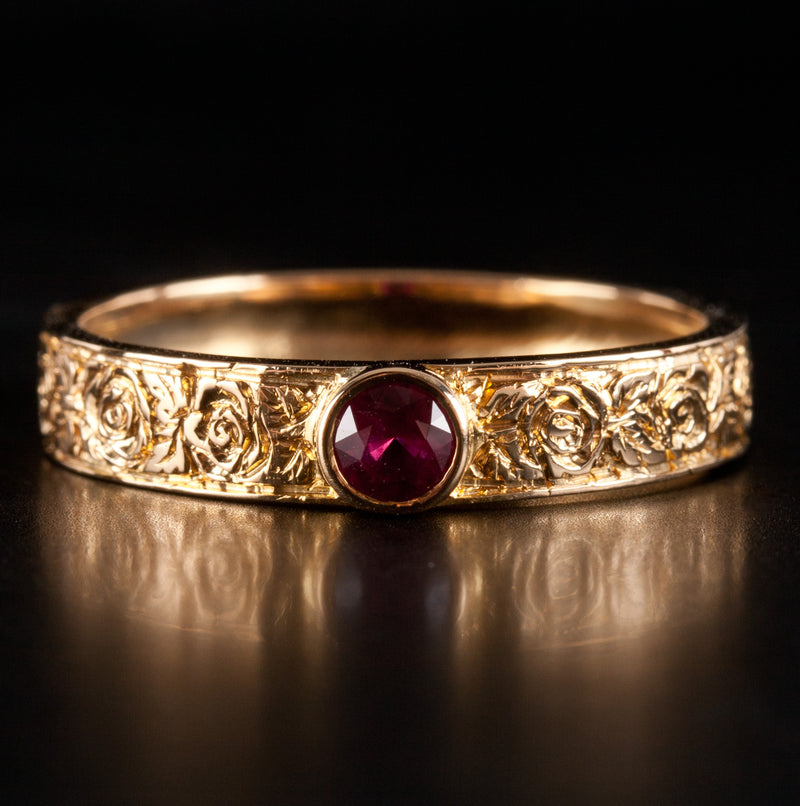 18k Yellow Gold Round Ruby Solitaire Floral Style Ring .30ct 4.97g
