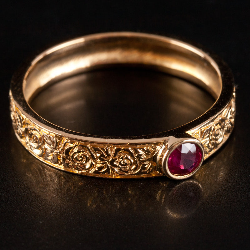18k Yellow Gold Round Ruby Solitaire Floral Style Ring .30ct 4.97g