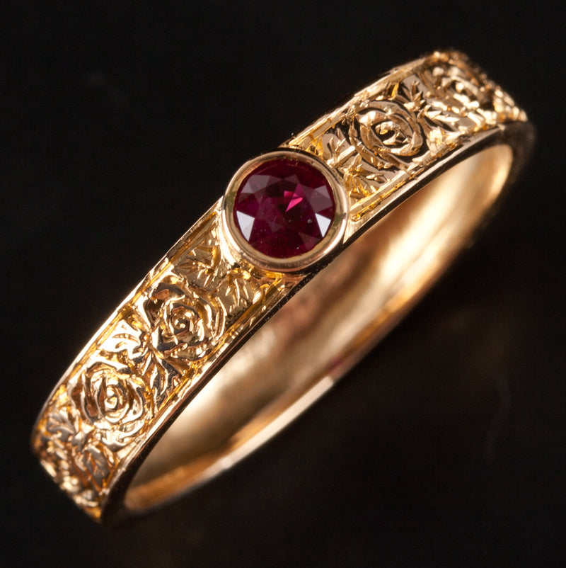 18k Yellow Gold Round Ruby Solitaire Floral Style Ring .30ct 4.97g