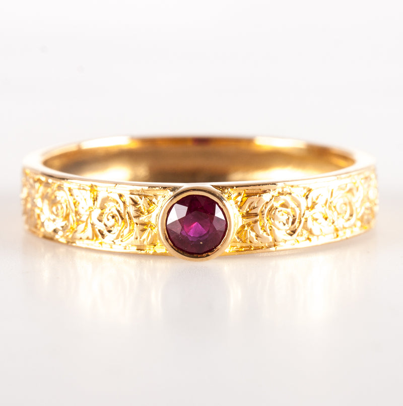 18k Yellow Gold Round Ruby Solitaire Floral Style Ring .30ct 4.97g
