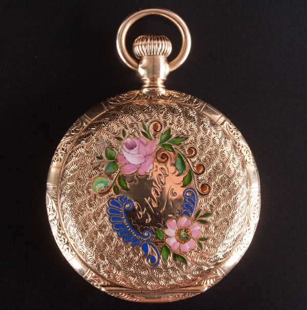 Vintage 1900's 14k Yellow Gold Elgin Floral Pocket Watch W/ Diamond Accent 39.7g