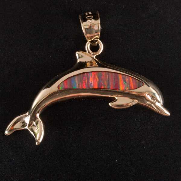 14k Yellow Gold Lab-Created Inlay Opal Dolphin Style Pendant 2.75g
