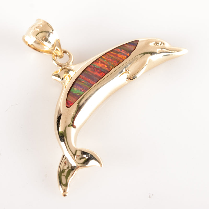 14k Yellow Gold Lab-Created Inlay Opal Dolphin Style Pendant 2.75g