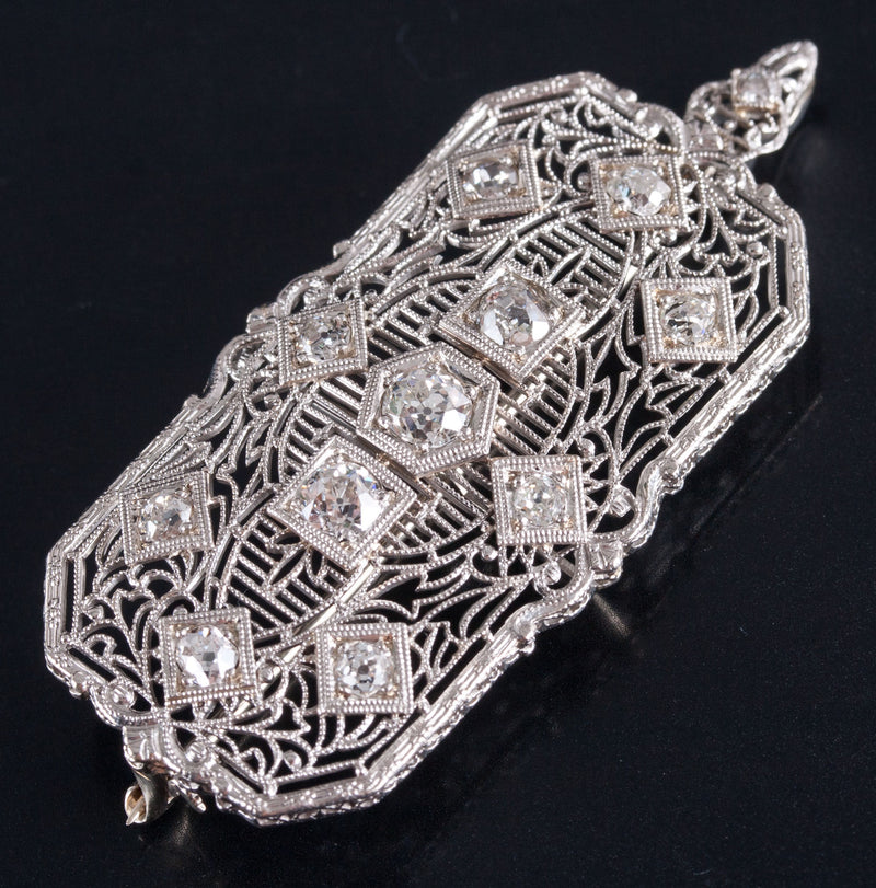 Vintage 1910s 14k White Gold Platinum Diamond Brooch Pendant Combo 1.235ctw 6.1g