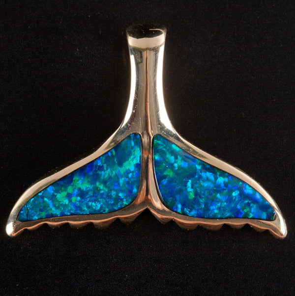 14k Yellow Gold Lab-Created Inlay Opal Whale Tail Style Pendant 2.89g