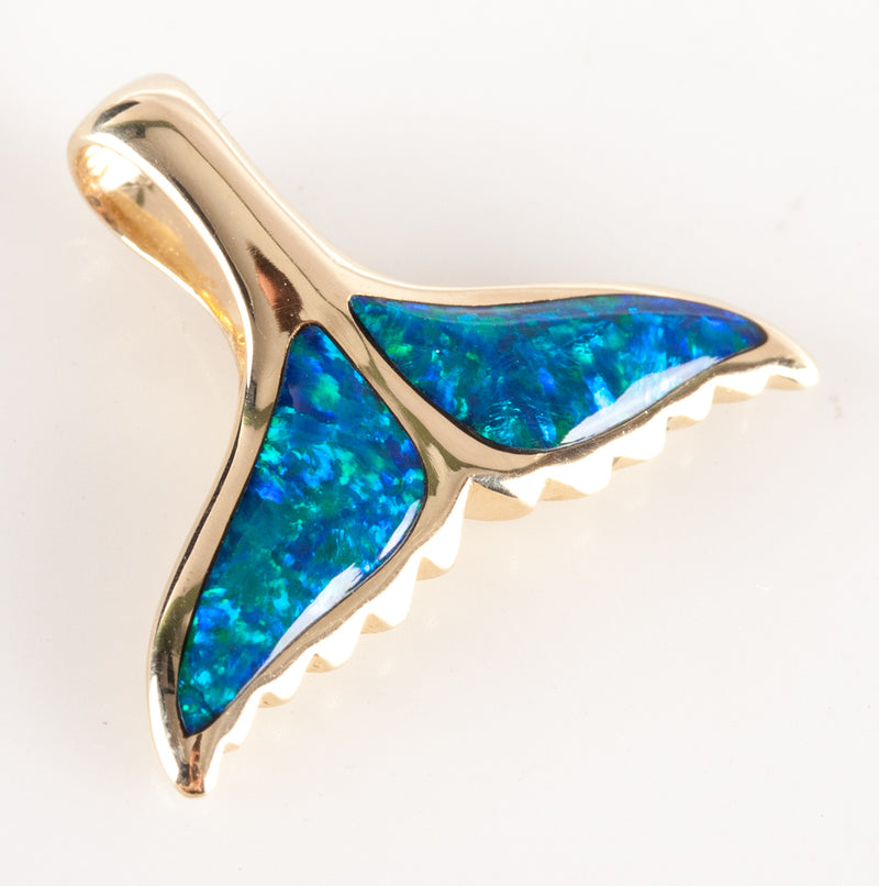 14k Yellow Gold Lab-Created Inlay Opal Whale Tail Style Pendant 2.89g