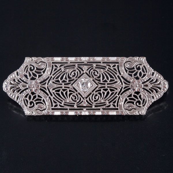 Vintage 1920s 14k White Gold Diamond Filigree Floral Style Brooch .10ct 4.02g