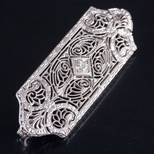 Vintage 1920s 14k White Gold Diamond Filigree Floral Style Brooch .10ct 4.02g