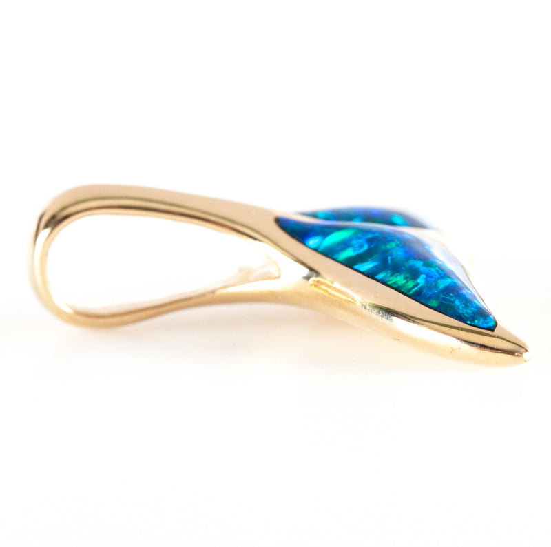 14k Yellow Gold Lab-Created Inlay Opal Whale Tail Style Pendant 2.89g