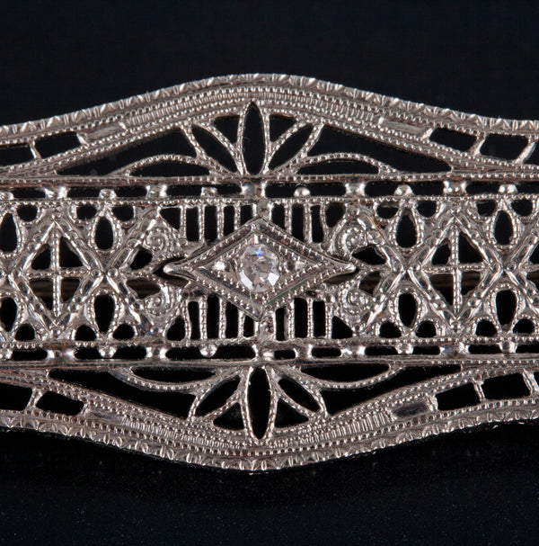 Vintage 1920s 10k White Gold Diamond Filigree Floral Style Brooch .015ct 3.0g