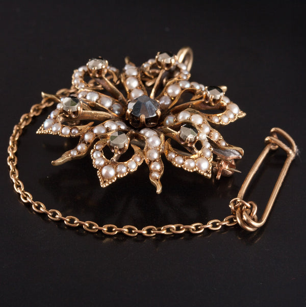 Vintage 1920s 10k Yellow Gold Marcasite Pearl Brooch Pin 7.33g