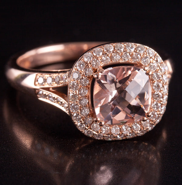 14k Rose Gold Cushion Morganite Diamond Halo Style Engagement Ring 1.44ctw 3.98g