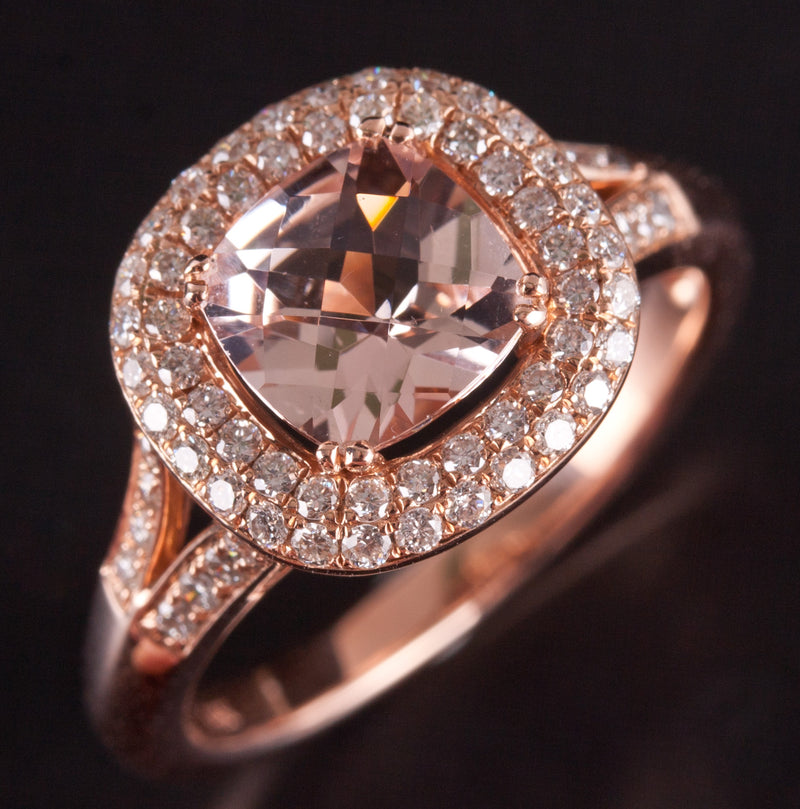 14k Rose Gold Cushion Morganite Diamond Halo Style Engagement Ring 1.44ctw 3.98g