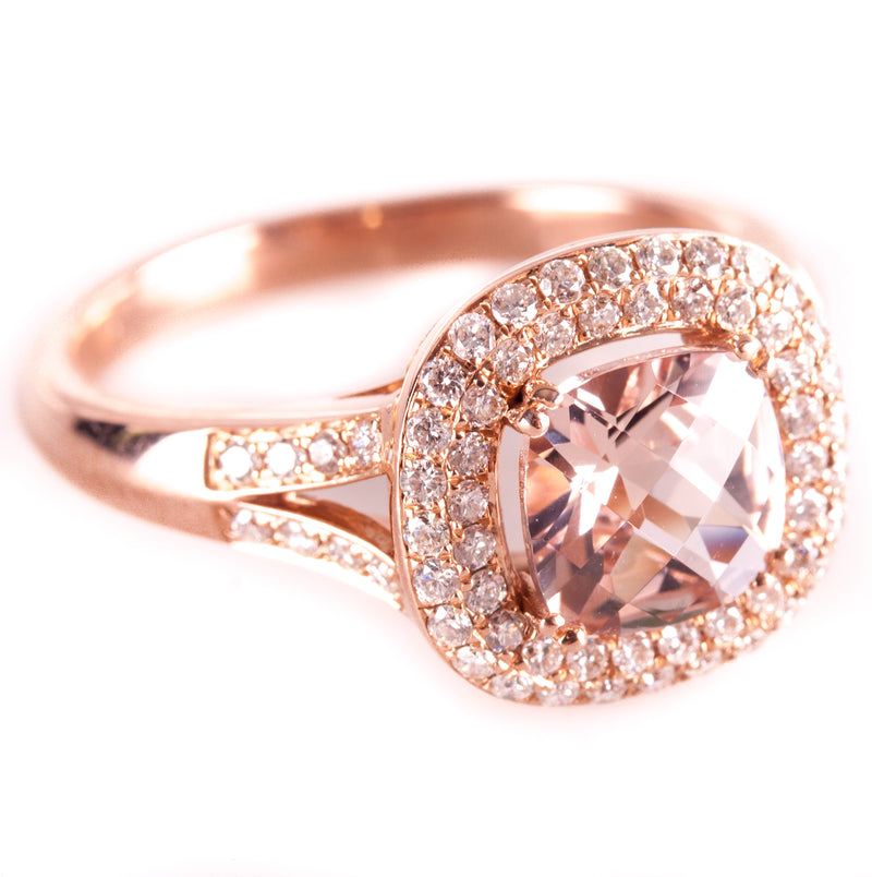 14k Rose Gold Cushion Morganite Diamond Halo Style Engagement Ring 1.44ctw 3.98g