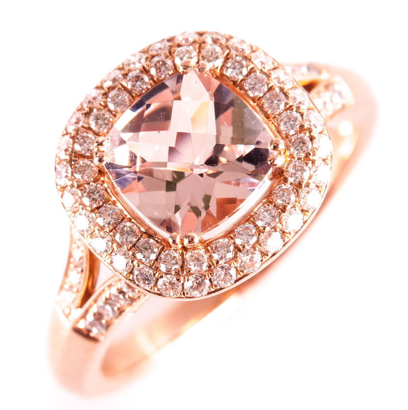 14k Rose Gold Cushion Morganite Diamond Halo Style Engagement Ring 1.44ctw 3.98g