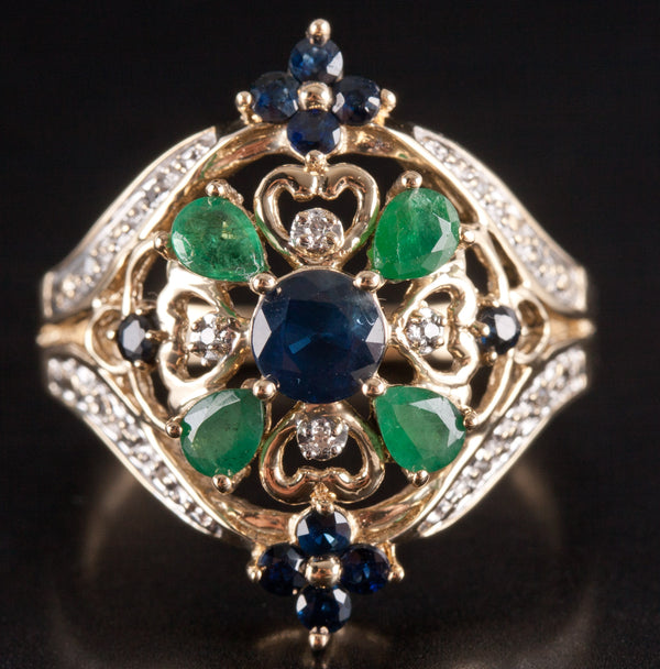 14k Yellow White Gold Sapphire Emerald Diamond Cocktail Ring 1.45ctw 6.45g