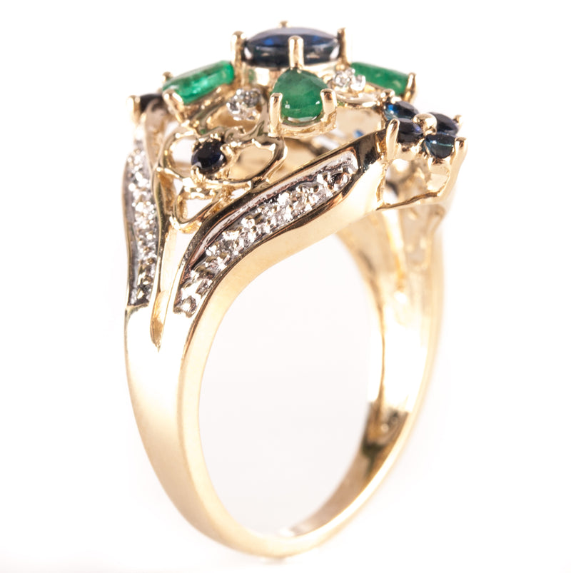 14k Yellow White Gold Sapphire Emerald Diamond Cocktail Ring 1.45ctw 6.45g