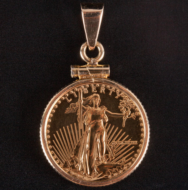 1989 $5 Gold Eagle Coin Pendant W/ 14k Yellow Gold Bail 4.45g 27.8mm x 17.2mm