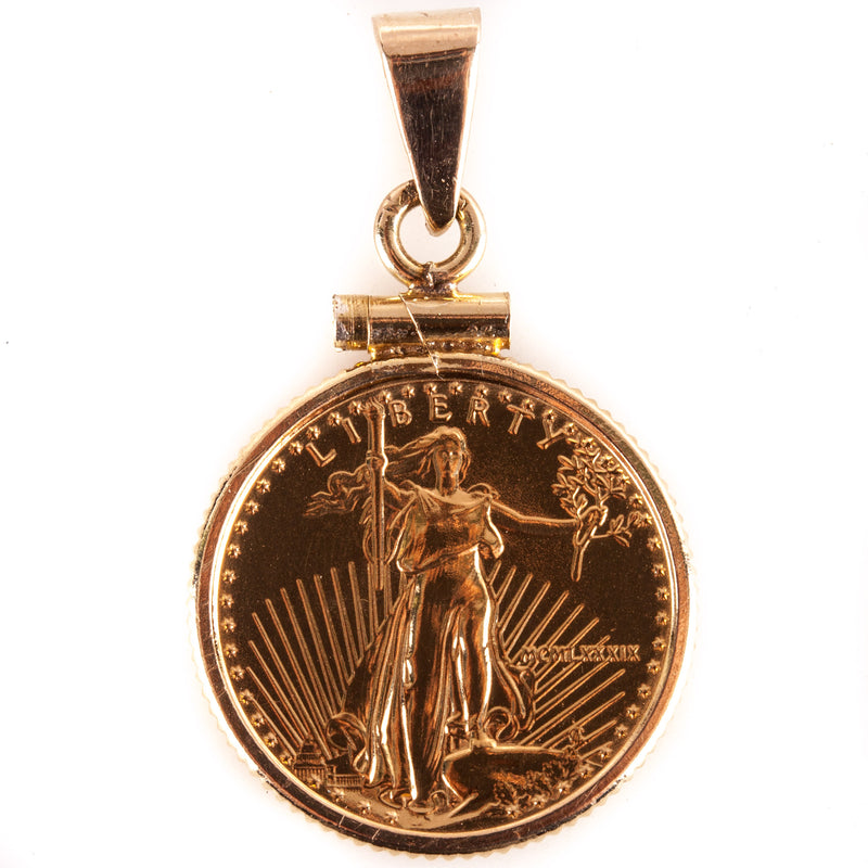 1989 $5 Gold Eagle Coin Pendant W/ 14k Yellow Gold Bail 4.45g 27.8mm x 17.2mm