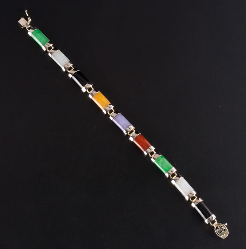 14k Yellow White Gold Multi-Color Jade Bracelet 10.25g 7.25" Length 7.4mm Width