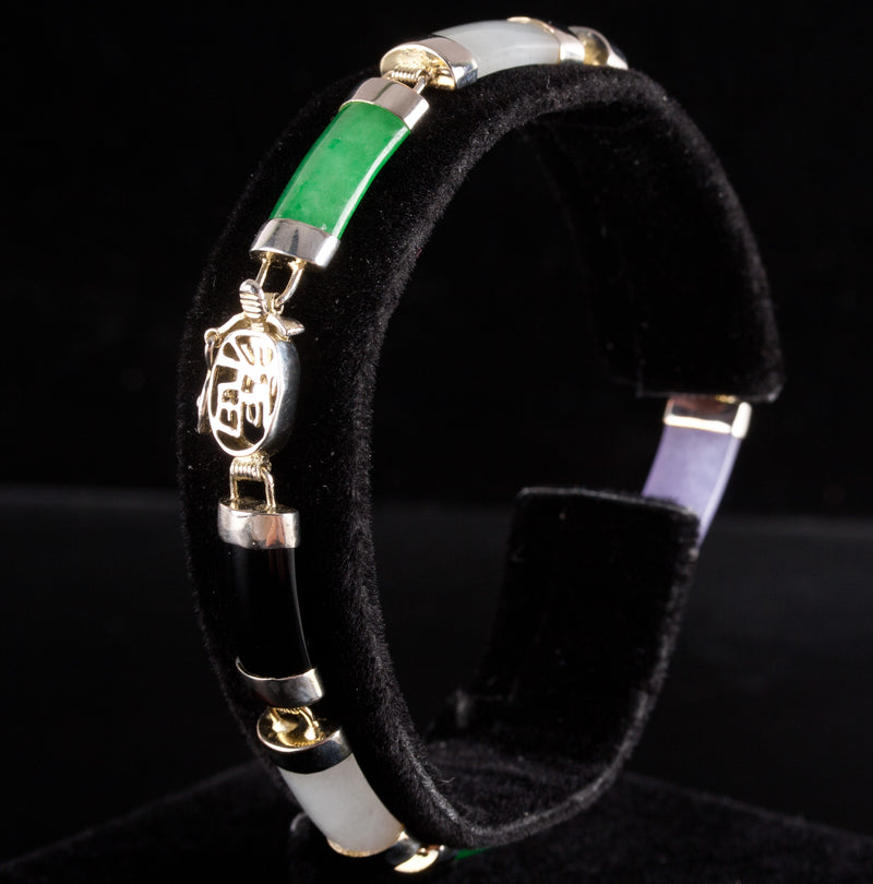 14k Yellow White Gold Multi-Color Jade Bracelet 10.25g 7.25" Length 7.4mm Width