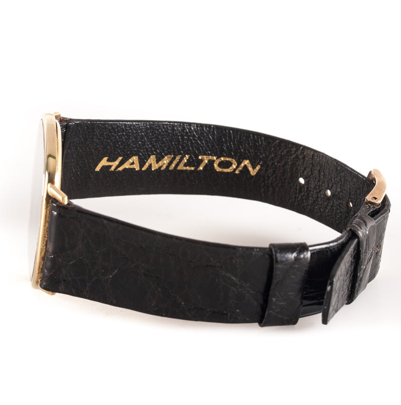 Hamilton 14k Yellow Gold Quartz Wrist Watch W/ Crocodile Leather Band & Box