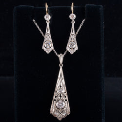 Vintage 1900's 18k White Yellow Gold Diamond Necklace Earring Set 1.95ctw 7.13g