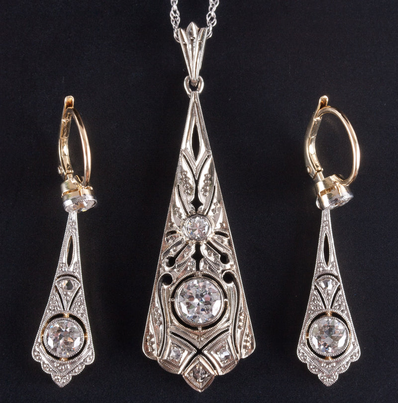 Vintage 1900's 18k White Yellow Gold Diamond Necklace Earring Set 1.95ctw 7.13g