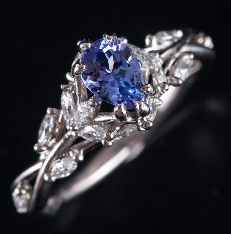 Platinum Pear Tanzanite Solitaire Ring W/ Diamonds Accents 1.18ctw 5.45g