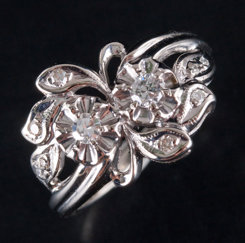 Vintage 1940's 14k White Gold Round Diamond Floral Cocktail Ring .08ctw 3.15g