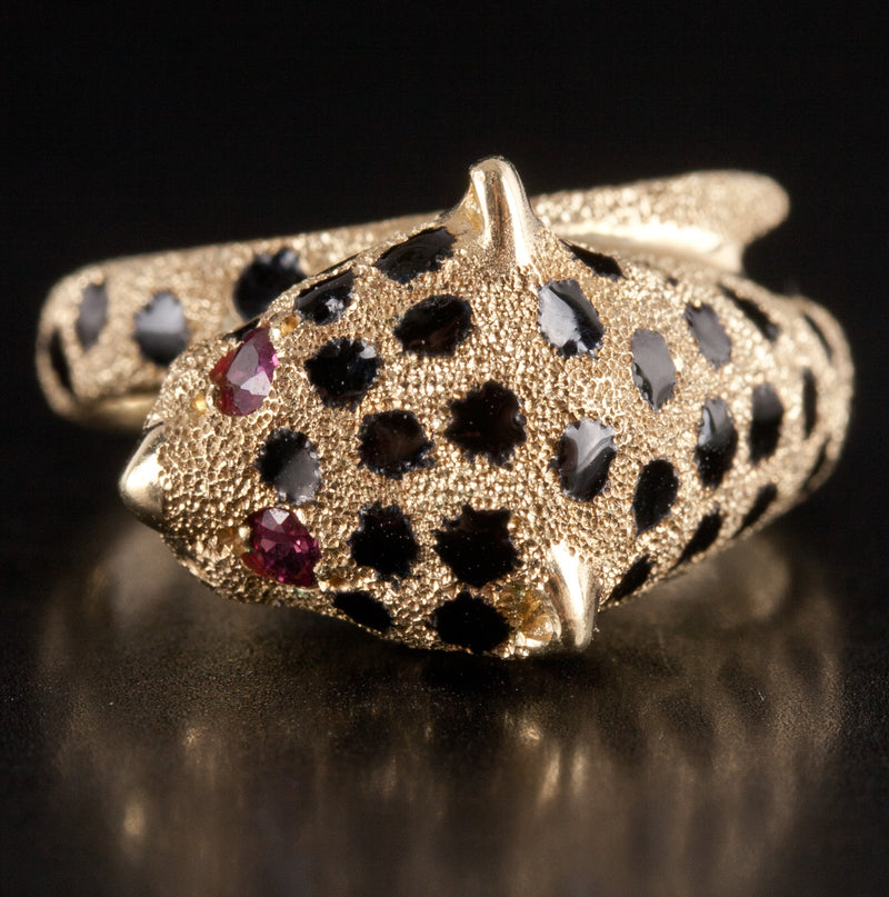 14k Yellow Gold Round Ruby Enamel Spotted Leopard Ring .06ctw 5.75g