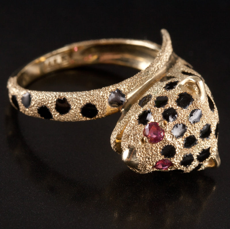 14k Yellow Gold Round Ruby Enamel Spotted Leopard Ring .06ctw 5.75g