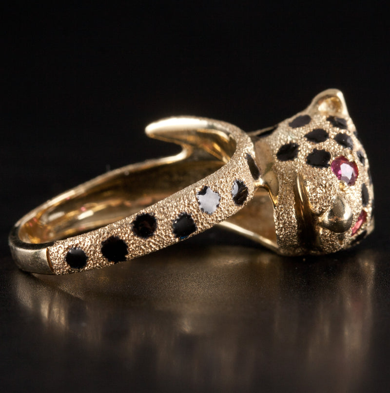 14k Yellow Gold Round Ruby Enamel Spotted Leopard Ring .06ctw 5.75g