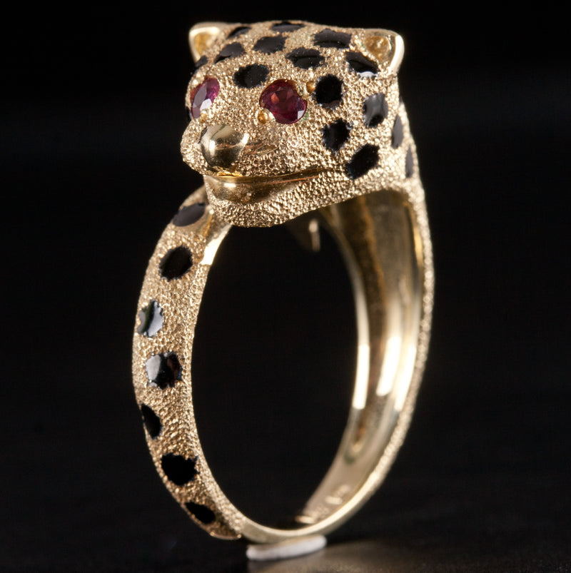 14k Yellow Gold Round Ruby Enamel Spotted Leopard Ring .06ctw 5.75g