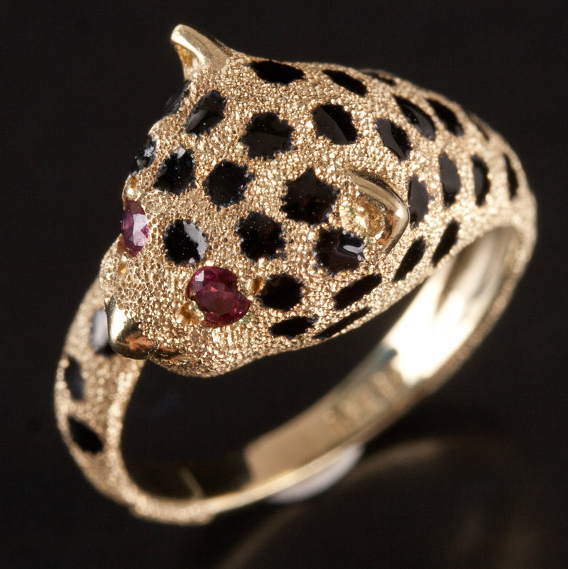 14k Yellow Gold Round Ruby Enamel Spotted Leopard Ring .06ctw 5.75g