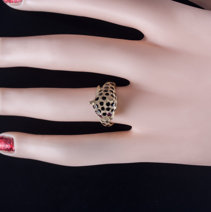 14k Yellow Gold Round Ruby Enamel Spotted Leopard Ring .06ctw 5.75g