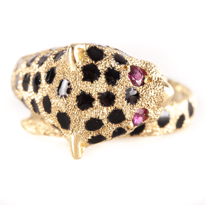 14k Yellow Gold Round Ruby Enamel Spotted Leopard Ring .06ctw 5.75g