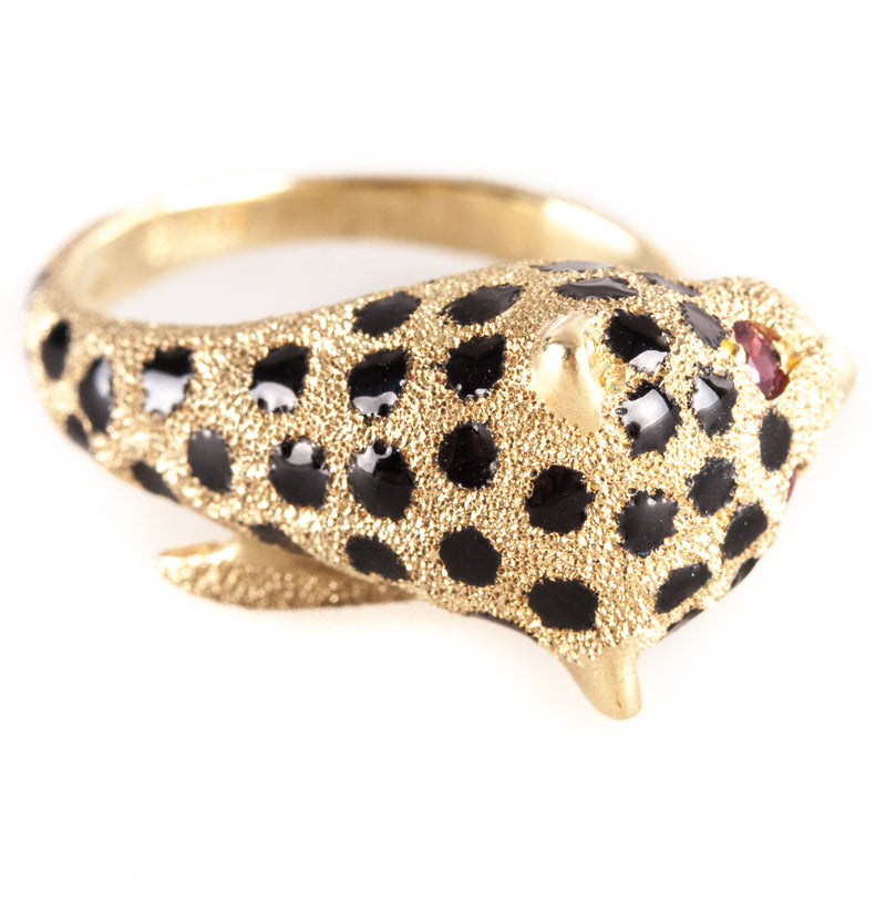 14k Yellow Gold Round Ruby Enamel Spotted Leopard Ring .06ctw 5.75g