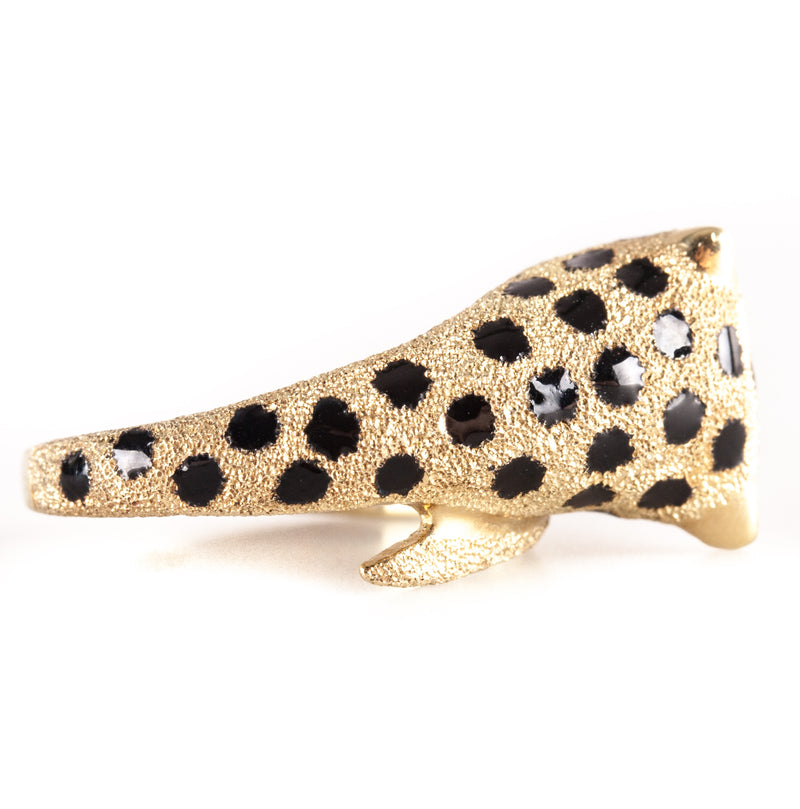 14k Yellow Gold Round Ruby Enamel Spotted Leopard Ring .06ctw 5.75g