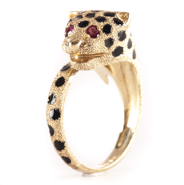 14k Yellow Gold Round Ruby Enamel Spotted Leopard Ring .06ctw 5.75g