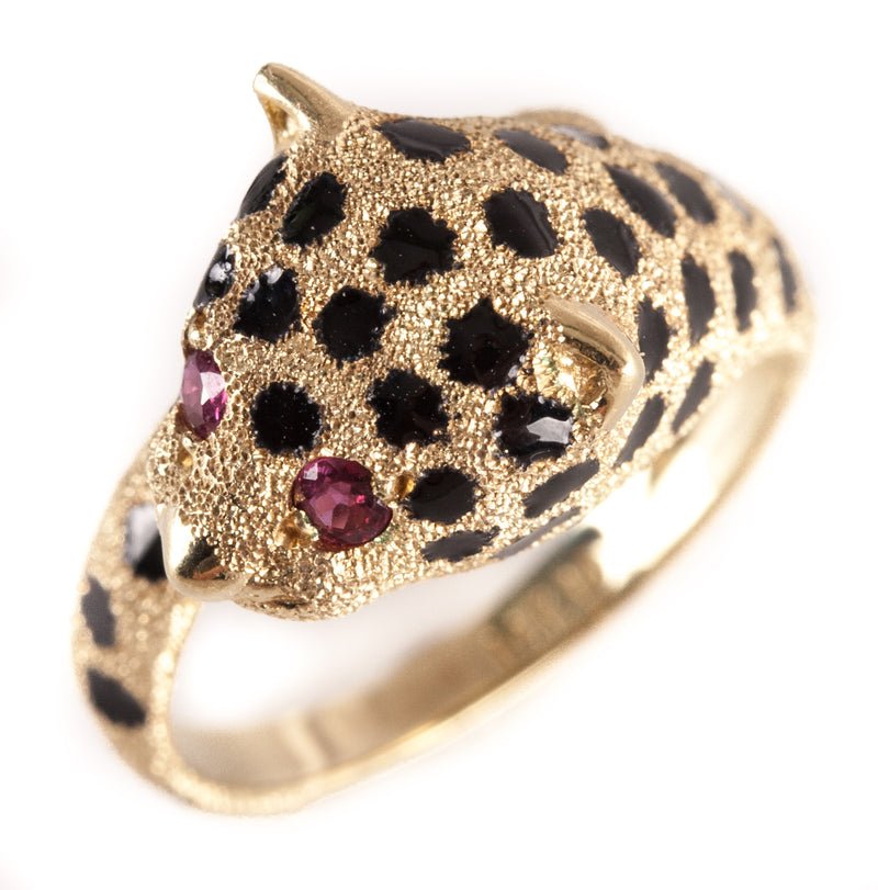 14k Yellow Gold Round Ruby Enamel Spotted Leopard Ring .06ctw 5.75g