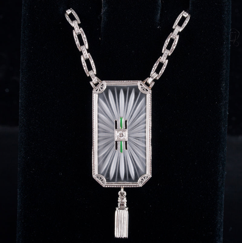 Vintage 1920's Krementz 14k White Gold Diamond Carved Crystal Necklace .03ct