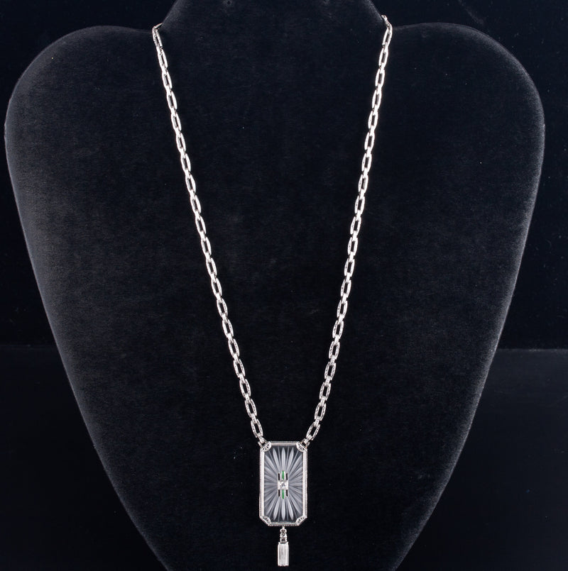 Vintage 1920's Krementz 14k White Gold Diamond Carved Crystal Necklace .03ct